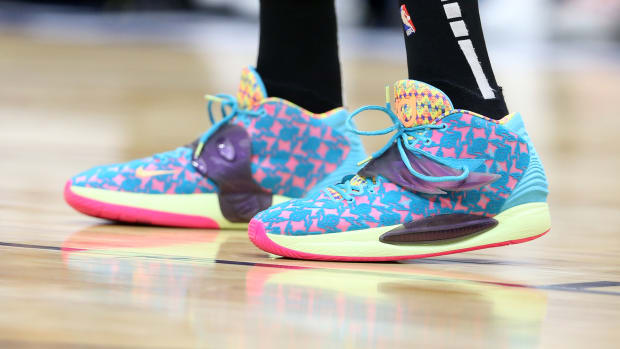Detailed view of Kevin Durant's shoes.